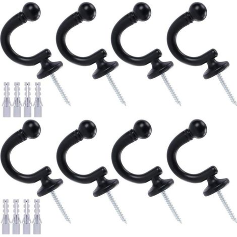 Ensemble de 8 embrasses de rideaux à tête ronde, crochets muraux pour rideaux, embrasses pour vêtements, manteaux, chapeaux, serviettes (noir) (1/5)