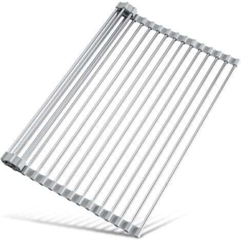 Scolapiatti arrotolabile da 45 x 40 cm per lavello da cucina, accessorio pratico, organizer multifunzionale, scolapiatti pieghevole in acciaio inox (grigio)