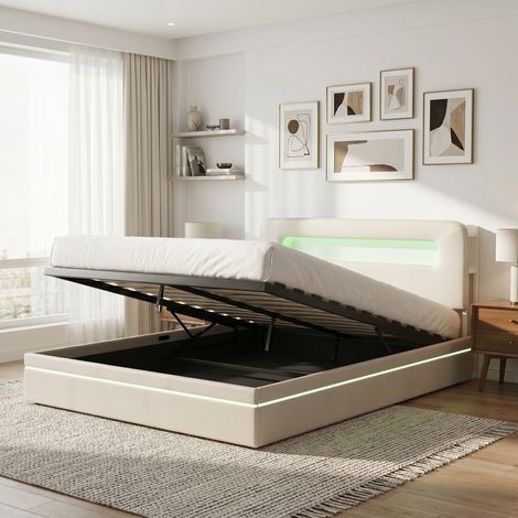 Lit coffre double 160x200 cm,avec led, sommier à lattes,rangement hydraulique,velours,beige (1/5)