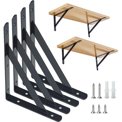 90 Degree Wall Mounted Shelf Brackets - Metal with Screws, Iron - Corner Shelf Bracket (200 x 120 mm), Black (1/5)