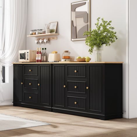 Buffet de cuisine 126x40x86 cm 3 tiroirs avec portes galbées, meuble de rangement pour salle à manger, salon et entrée - MDF - noir
