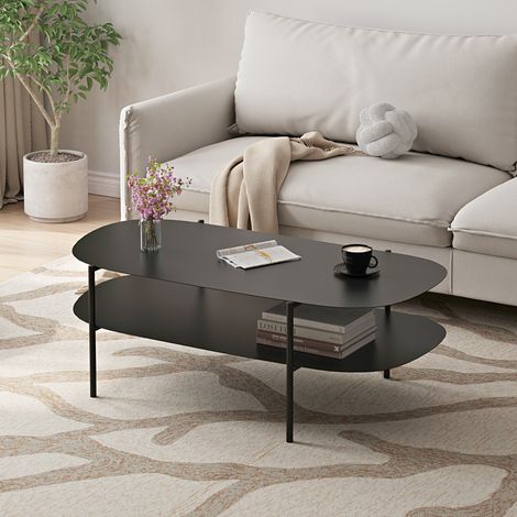 Tavolino Basso Enebakk in Acciaio con Piano Ovale 112 x 62 x 40,5 cm Nero [en.casa]