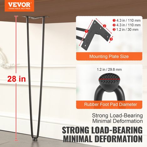Pied de Table en Épingle à Cheveux 4PCS Pieds de Bureau 71 cm Acier Massif Capacité Charge 227 kg Pieds de Meubles 2 Tiges Noirs av… (1/5)