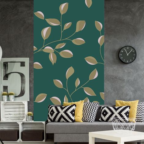Papier peint intissé motif fleur japonaise, 250 cm X 150 cm, pétales marron et blanc, fond vert foncé. (1/2)