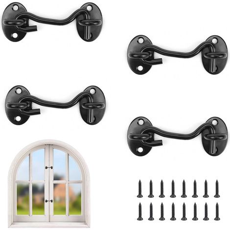 4 Pièces 75 mm Crochet Fermeture Porte, Noir Crochet de Porte Acier Inoxydable, Verrou Porte Exterieur avec Vis, pour Verrouiller Fenêtres, Stores, Portes Grange (1/5)