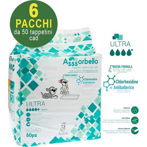 300 Asssorbello Ultra 60x60 cm Tapis hygiéniques pour chiens - 6 paquets de 50 chacun
