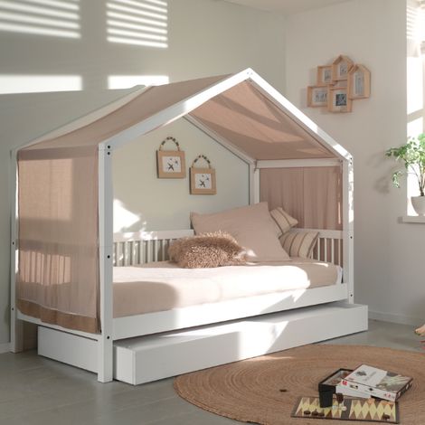 Lit maison Forrest 90x200 avec lit gigogne et tente de lit - bois (1/4)