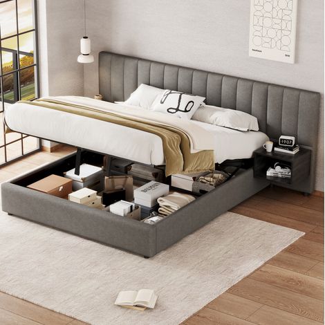 Bett Doppelbett Stauraum 160x200 Leinen Grau Schwarz OKMYHOME (1/5)