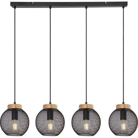 Lampada a sospensione design gabbia lampada a sospensione tavolo da pranzo lampada a sospensione forma sferica in legno, griglia in metallo nero, prese 4x E27, LxPxH 95x20x120 cm (1/5)