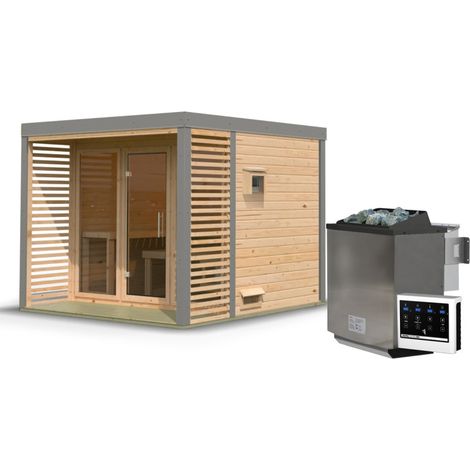 Sauna Extérieur Ares Karibu 6-8 Places Epicéa avec Terrasse 9kW (1/5)