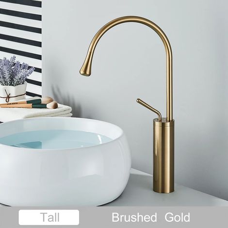 Robinet de lavabo artistique (Or brossé haut de gamme) avec eau chaude et froide, rotation à 360°, style cascade. (1/2)