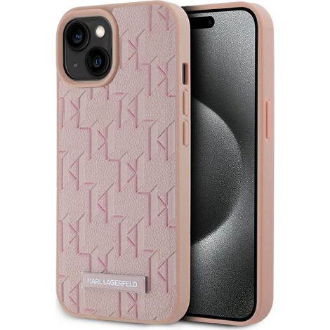 Funda MagSafe de piel con monograma y logo metálico de Karl Lagerfeld para iPhone 15 (rosa) (1/5)