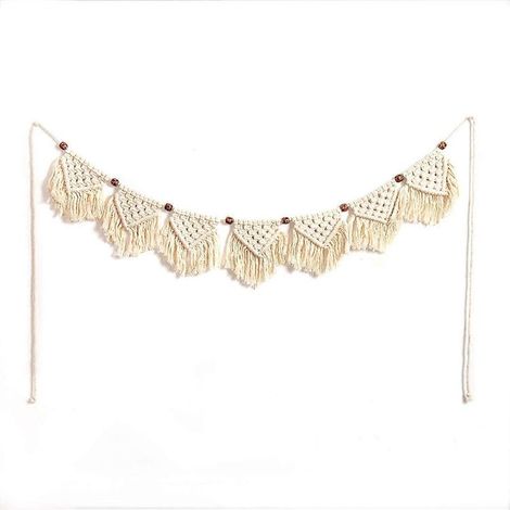 Décoration murale en macramé fait main, tapisserie à franges et pompons, bannière en coton naturel tissé au crochet avec perles de bois, pour appartement ou dortoir (7 drapeaux) (1/5)