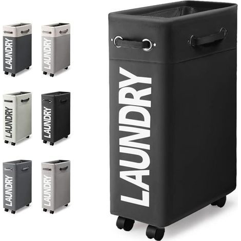 45L Slim Foldable Laundry Basket with 4 Wheels, Slim and Collapsible Laundry Hamper, Rectangular Laundry Bin for Home Clothes Storage (Black) (1/4)