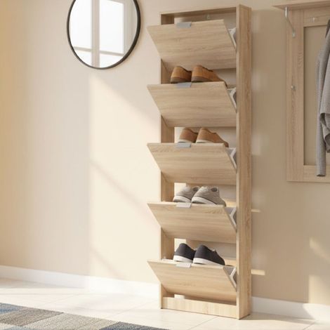 Schuhschrank Capriolo, Schuhregal mit einem Fach, 5 Türen, Wandbefestigungskit inkl., 58x18x191,5h cm Hell Eichenbraun (1/5)