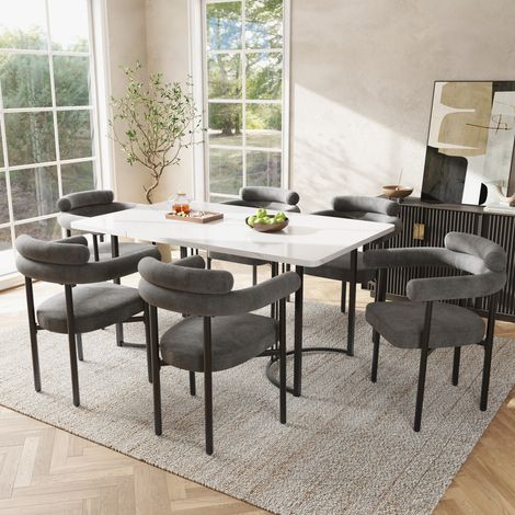 Ensemble table et 6 chaises de salle à manger en velours gris foncé, table blanche 140 × 80 cm, piètement en métal au design moderne – CHICFURN (1/5)