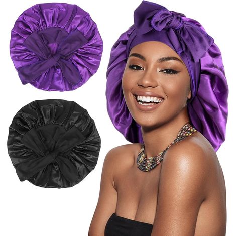 Arqumi Lot 2 bonnets en satin de soie pour dormir (femme), grand bonnet de nuitable ajustable longue lanière, pour hommes, noir et violet (1/5)
