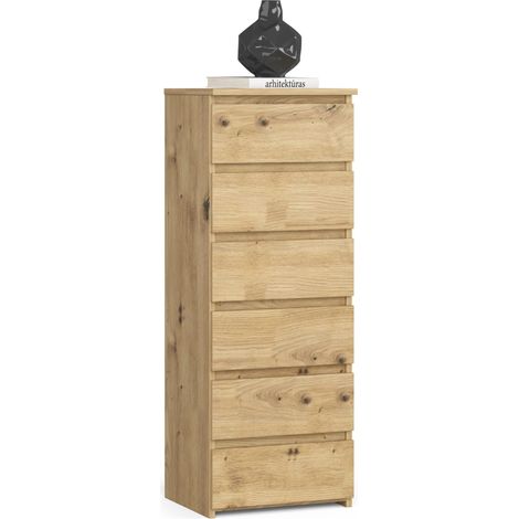 Akord – Commode enfant 6 tiroirs chêne artisan 40 cm – Panneau stratifié – Dimensions 40x35x109 cm – Limiteur d'extension de tiroir