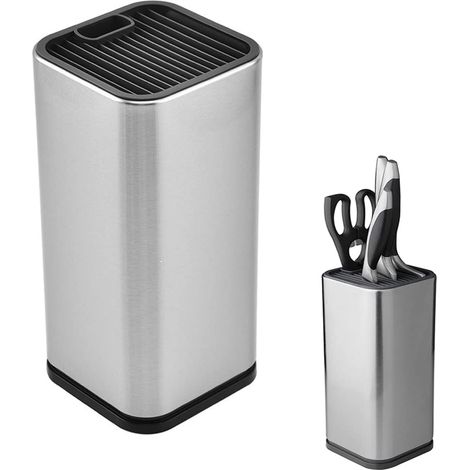 Bloc à Couteaux Carré, Bloc à Couteaux en Acier Inoxydable, Support pour Couteaux Cuisine, avec Fente pour Ciseaux et Trou de Vidange, pour Ranger Divers Couteaux et Ciseaux (1/5)