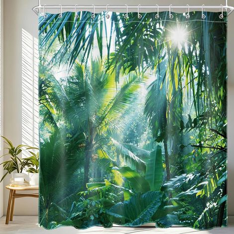 Rideau Douche Forêt Verte, Rideau de Douche Anti Moisissure, 180x200cm Deco de Jardin Salle de Bain,Tissus Lavable,Imperméable,12pcs Crochet Rideau,Longue Rideaux Douche Feuille Palmier Tropical (1/5)