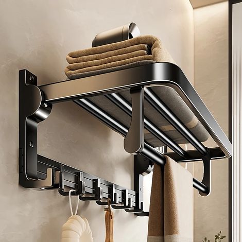 (noir) Porte-serviettes mural multifonctionnel en aluminium spatial avec crochet et rangement intégrés, pliable, peu encombrant, design moderne (1 pièce). (1/5)