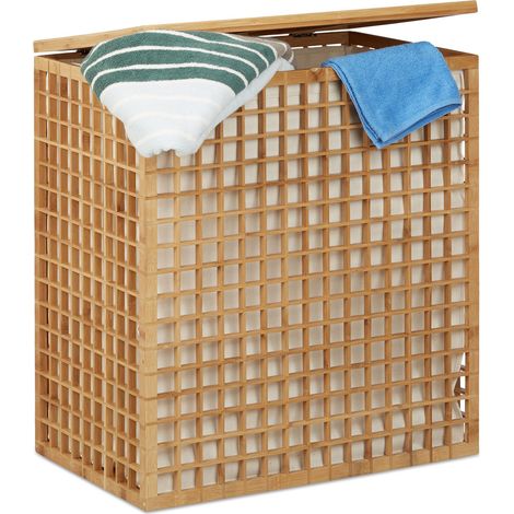 Relaxdays – Panier à linge en bambou 2 compartiments – Sac amovible avec poignées – Dimensions HxlxP: 62x56x35 cm – Volume 96 litres (1/5)