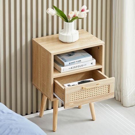 Table d'appoint en rotin avec tiroir et pieds en bois massif, table de chevet moderne, table d'appoint pour salon, chambre, aspect bois naturel - H 55/L 40/P 30 cm