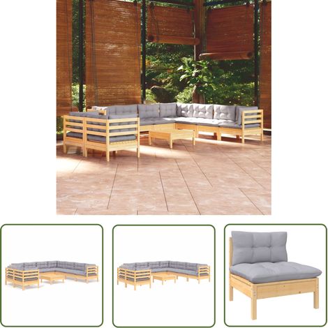 The Living Store 10-tlg. Garten-Lounge-Set mit Grauen Kissen Massivholz Kiefer - Gartenmöbeln - Lounge Set - Gartenmöbel Set - Kiefernholz Möbel - Outdoor Furniture (1/5)