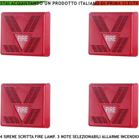 SIRENA ALLARME INCENDIO ROSSA 4 PEZZI SEGNALAZIONE MULTISUONO ALIMENTAZIONE 24 VCC SCRITTA FIRE LAMPEGGIANTE (1/4)