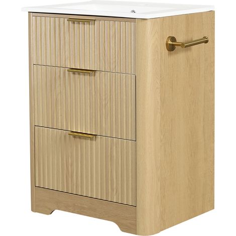 Mueble de baño con lavabo cerámico 61 cm efecto madera con 2 cajones y portarrollos (1/5)