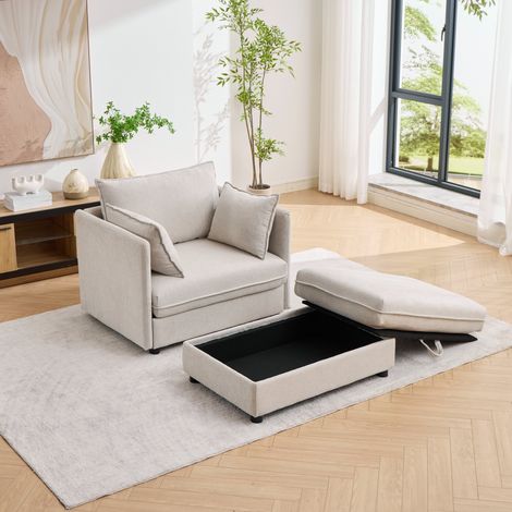 Poltrona lounge 149x103,5x81 cm in velluto beige con pouf contenitore salvaspazio – MEUBLIV (1/5)