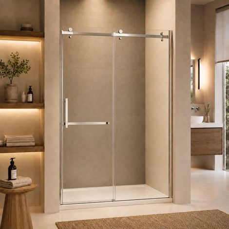 Paroi de douche 160 cm avec porte coulissante pour pose en niche dans salle de bain PMR (1/5)