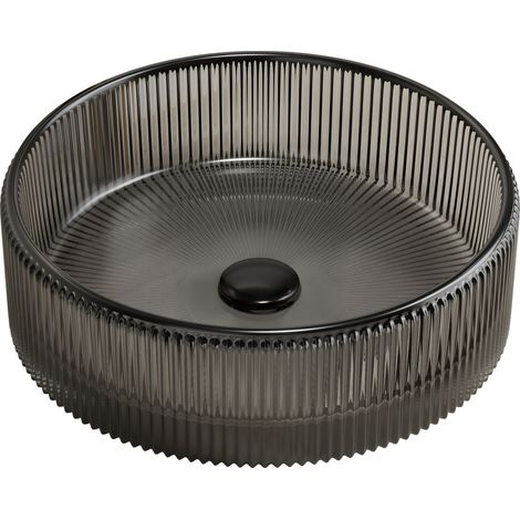 Bol de lavabo de 36 cm, bol de lavabo rond en verre cristal sans robinet, noir transparent