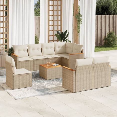 Ensemble Salon Jardin 9 Places Résine Tressée Beige avec Coussins - Table Acacia et Structure Acier (1/5)
