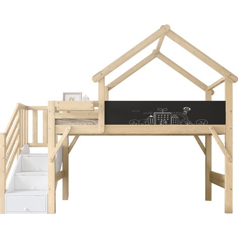 Lit, 90 x 200 cm, lit superposé, avec rangement, sommier à lattes, en bois, blanc et naturel (1/5)