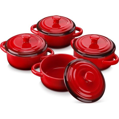 Mini Cocotte Individuelle en Grès pour four avec Couvercle - 4 X 380 ml Petite Cocottes Ronde Ramequin Crème Brûlée pour la Cuisson - Passe au Lave-vaisselle - Rouge Dégradé (Ø12.3 x H5.1 cm) (1/5)