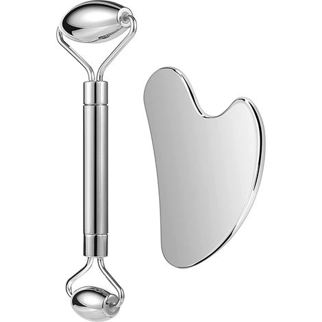 Rouleau de massage facial en acier inoxydable et ensemble Gua Sha : outils de soin pour le visage, les yeux et le cou, atténue les rides et ridules, avec pochette de voyage. (1/5)