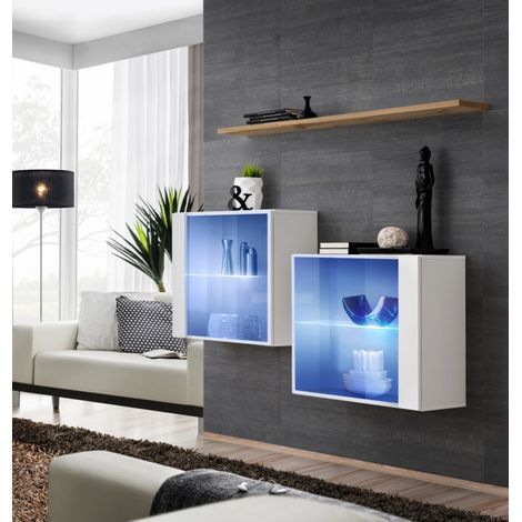 Lot de 2 Vitrines Murales & Étagère "Switch SBIII" 130cm Blanc & Naturel (1/3)
