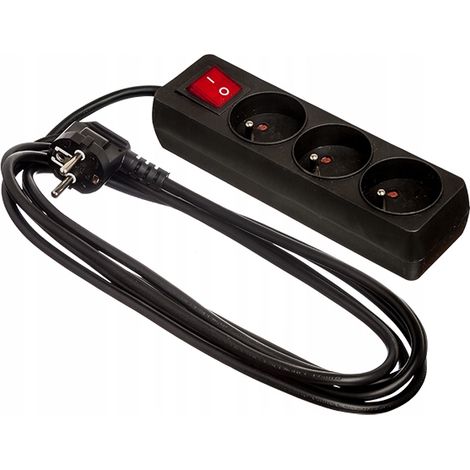 Cable alargador de 3 tomas, 1,5 m +0 con interruptor, color negro.