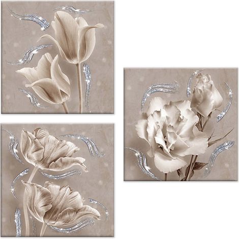 Lupia - Set 3 pezzi Quadri su tela tema floreale Canvas Day Brillant con glitter 38x38 cm FLOWER SHABBY (1/4)
