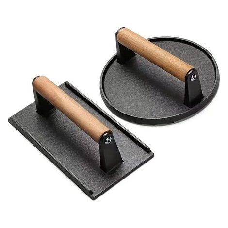 Hamburgerformen, runde Formen mit 18 cm Durchmesser und rechteckige Formen mit 20 cm x 10 cm, aus schwerem Gusseisen mit Holzgriffen (rund und re (1/5)