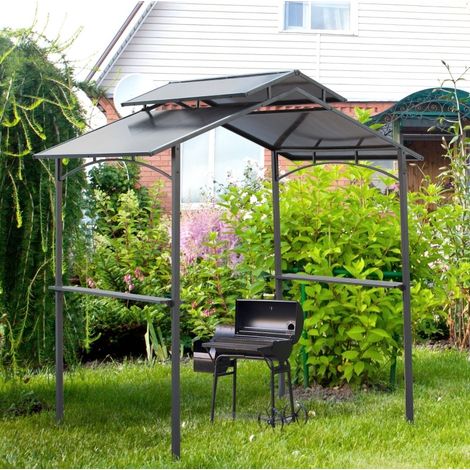 Pavillon de barbecue 240x150x250 cm noir et marron en acier avec toit ventilé et 2 étagères (1/5)