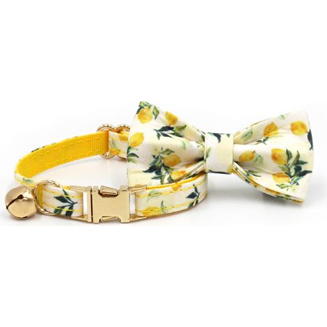 Collier chat floral fruits - L, boucle noire, ruban jaune citron, nœud détachable, cloche silencieuse (1/2)