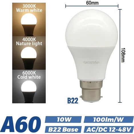 Ampoules LED 12V-48V (10W B22, lumière blanc chaud 3000K), lot de 5, basse tension (1/2)