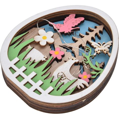 Œufs de Pâques en bois de buis naturel avec LED et motif dinde, décorations lumineuses chaudes pour Pâques (1/5)