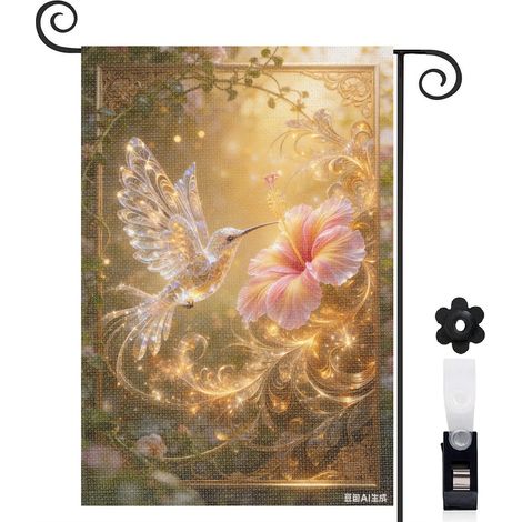 Bannière de cour Welcome oiseau et composition florale 30 x 45 cm décoration saisonnière (1/5)