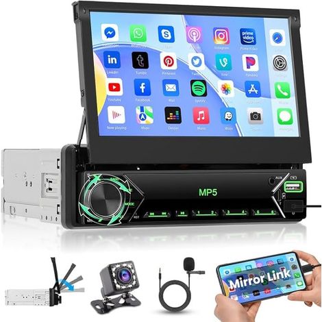 1 Din Autoradio avec Rétractable Manuel Écran Tactile IPS 7 Pouces Mirror Link Wired FM Radio 2 USB Type-C AUX in MIC EQ SWC Bluetooth Partage Vidéo (1/5)