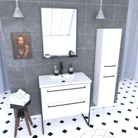 Set Mobile Bagno 80x50 cm Bianco - 2 Cassetti - Lavabo Bianco + Specchio Nero Opaco