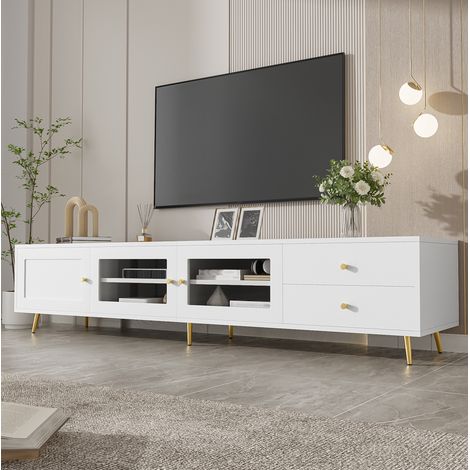Mobile porta TV 170x40x28 cm con 2 cassetti, 2 ante in vetro e 1 anta, ampio vano contenitore, bianco, in truciolato. (1/5)