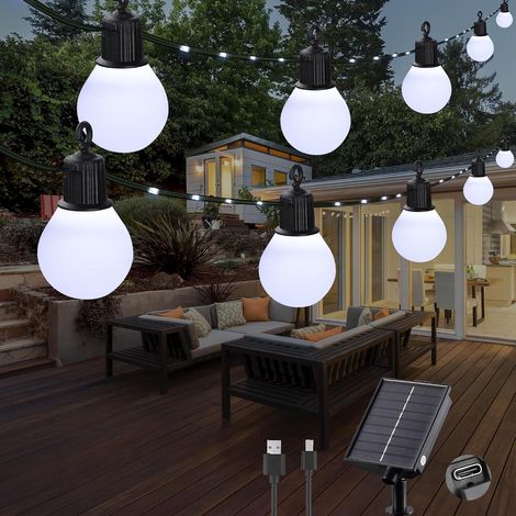 Guirlande Solaire Extérieur avec 20 G40 Blanche Ampoules, Charge USB, 10M 100 LEDs Guirlande Lumineuse Solaire 8 Modes, Etanche, Décoration pour Jardin, terrasse, Balcon (Blanche) (1/5)